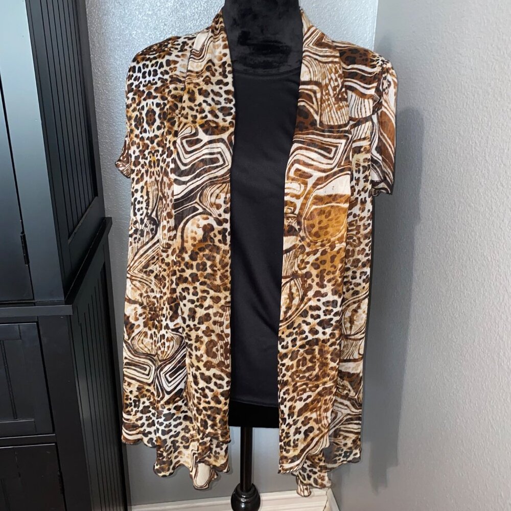 Sara Michelle Blouse Size 1X Animal Print Sheer Cardigan Attached Top Safari